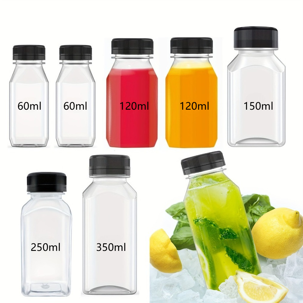 Meal Prep Juice Bottles - 再利用可能な透明プラスチックジュースボトル6個、蓋付き、飲料、スムージー、ミルクシェイク、冷蔵庫保存容器用