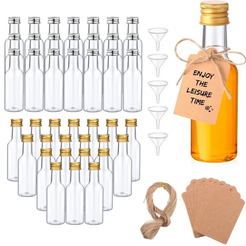Meal Prep Juice Bottles - ミニプラスチックワインボトルスーツ 10/30/50/100 個 1.7 オンスクリアジュースボトルスピリットボトル漏斗クラフトタグロープパーティー装飾