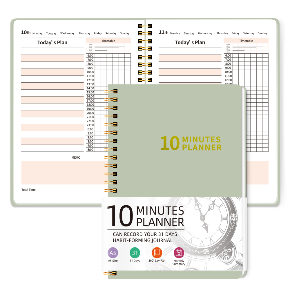 Meal Plan Notepad - 10分プランナー A5 デイリータイムブロッキングジャーナル 31日間習慣トラッカー 時間割スケジュール スパイラル綴じ